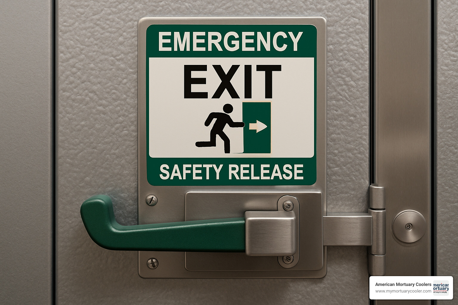 OSHA-compliant safety release handle mechanism - walk in cooler morgue