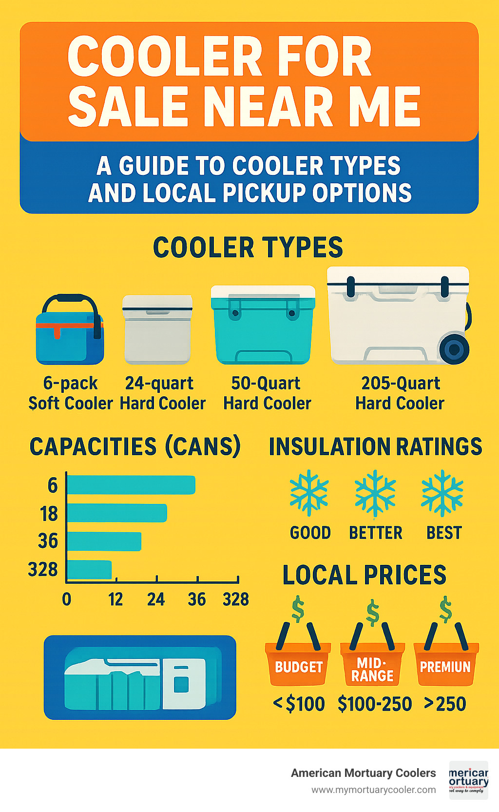Comprehensive guide showing cooler types from 6-pack soft coolers to 205-quart hard-sided models, with capacity charts, insulation ratings, and local retailer price comparisons for immediate pickup options - cooler for sale near me infographic 