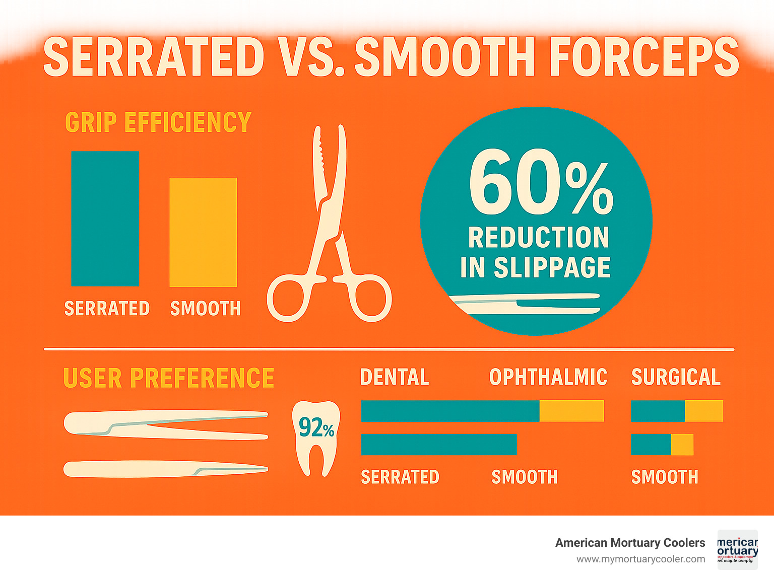 Comparative analysis showing grip efficiency statistics, slippage reduction percentages, and user preference data for serrated versus smooth forceps across different medical specialties - serrated forceps infographic 