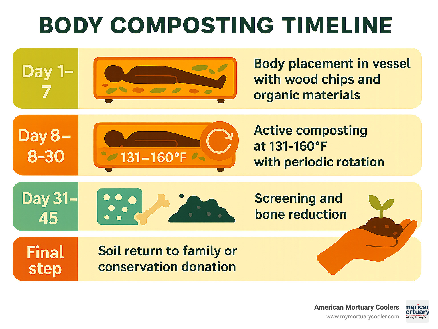 Infographic showing body composting timeline: Day 1-7 body placement in vessel with wood chips and organic materials, Day 8-30 active composting at 131-160°F with periodic rotation, Day 31-45 screening and bone reduction, Day 46-60 soil curing and testing, Final step soil return to family or conservation donation - body composting after death infographic 