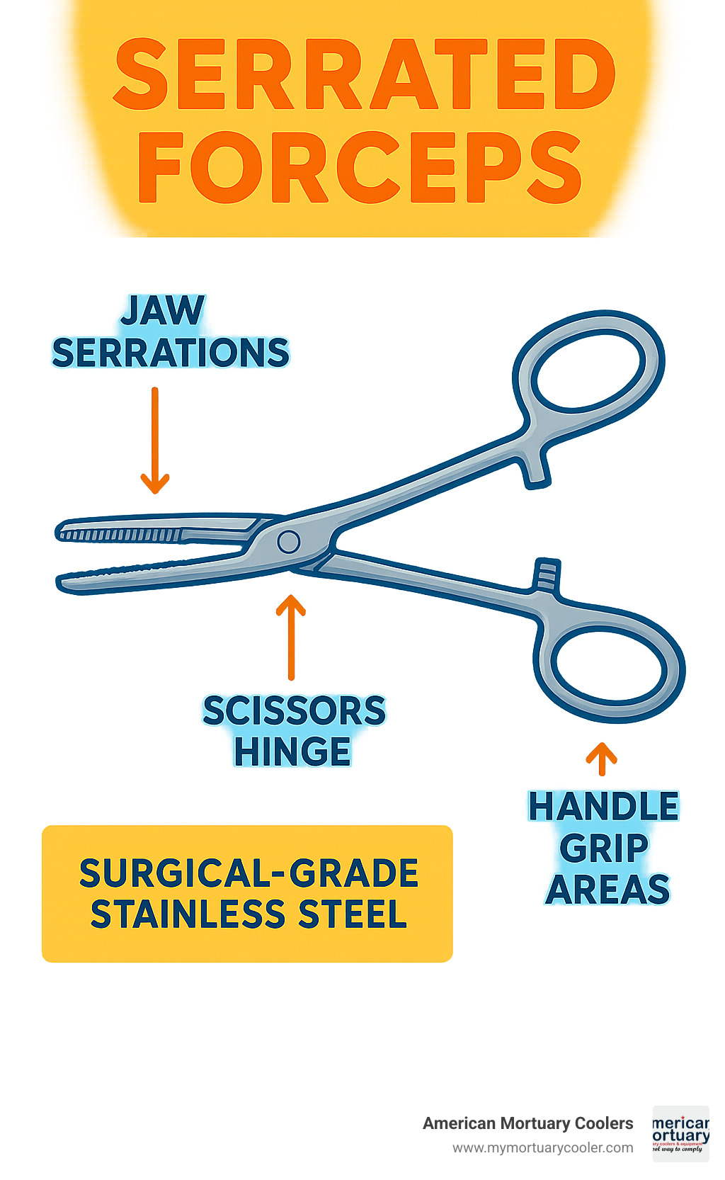 Detailed breakdown of serrated forceps components showing jaw serrations, scissors hinge mechanism, handle grip areas, and material specifications for surgical-grade stainless steel construction - serrated forceps infographic 