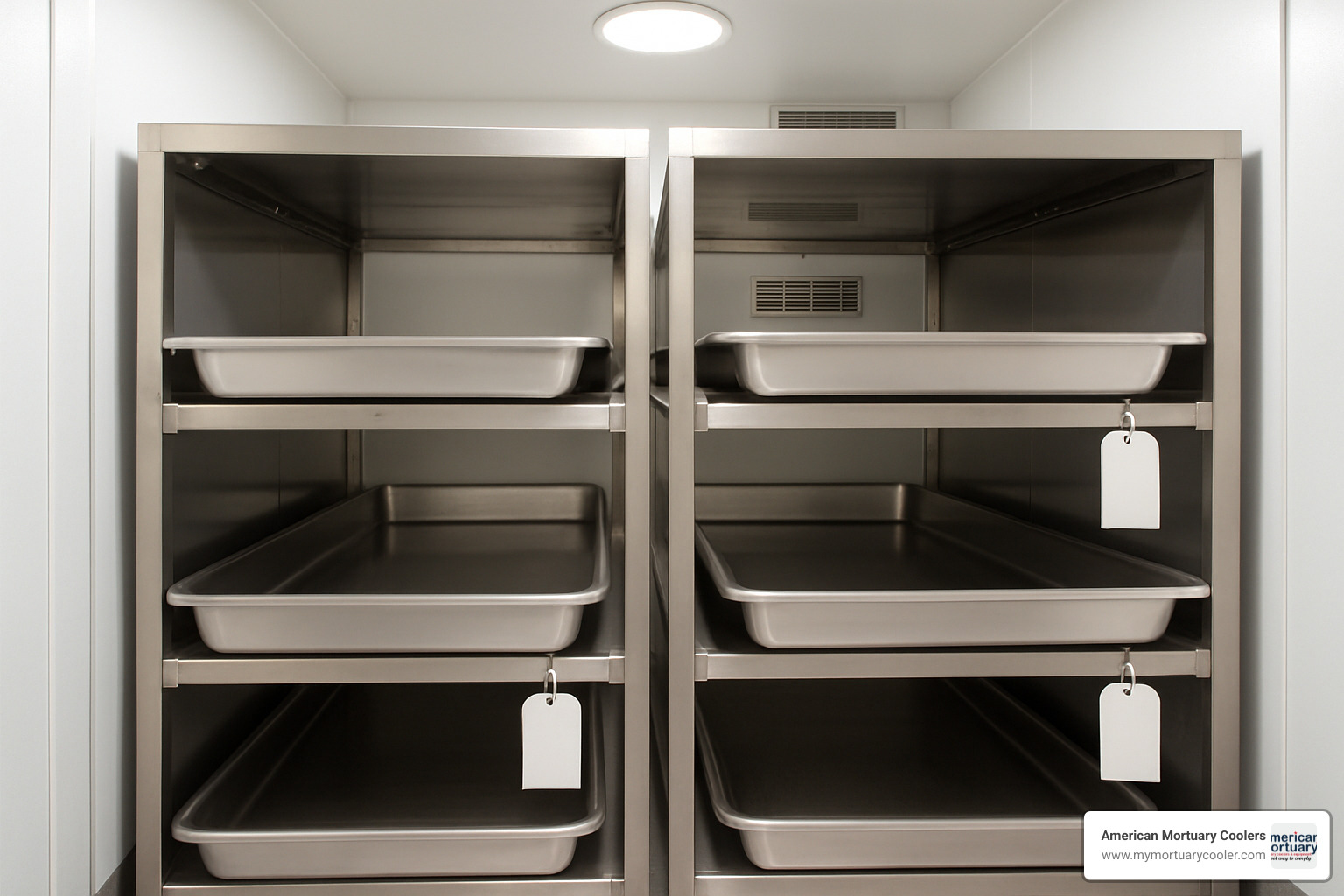 stainless steel storage trays with identification tags - pet mortuary coolers