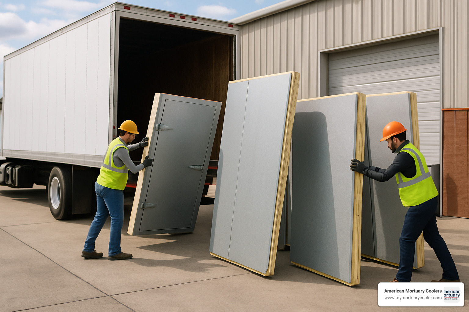 modular walk-in refrigerator panels being delivered to installation site - walk in refrigerator price