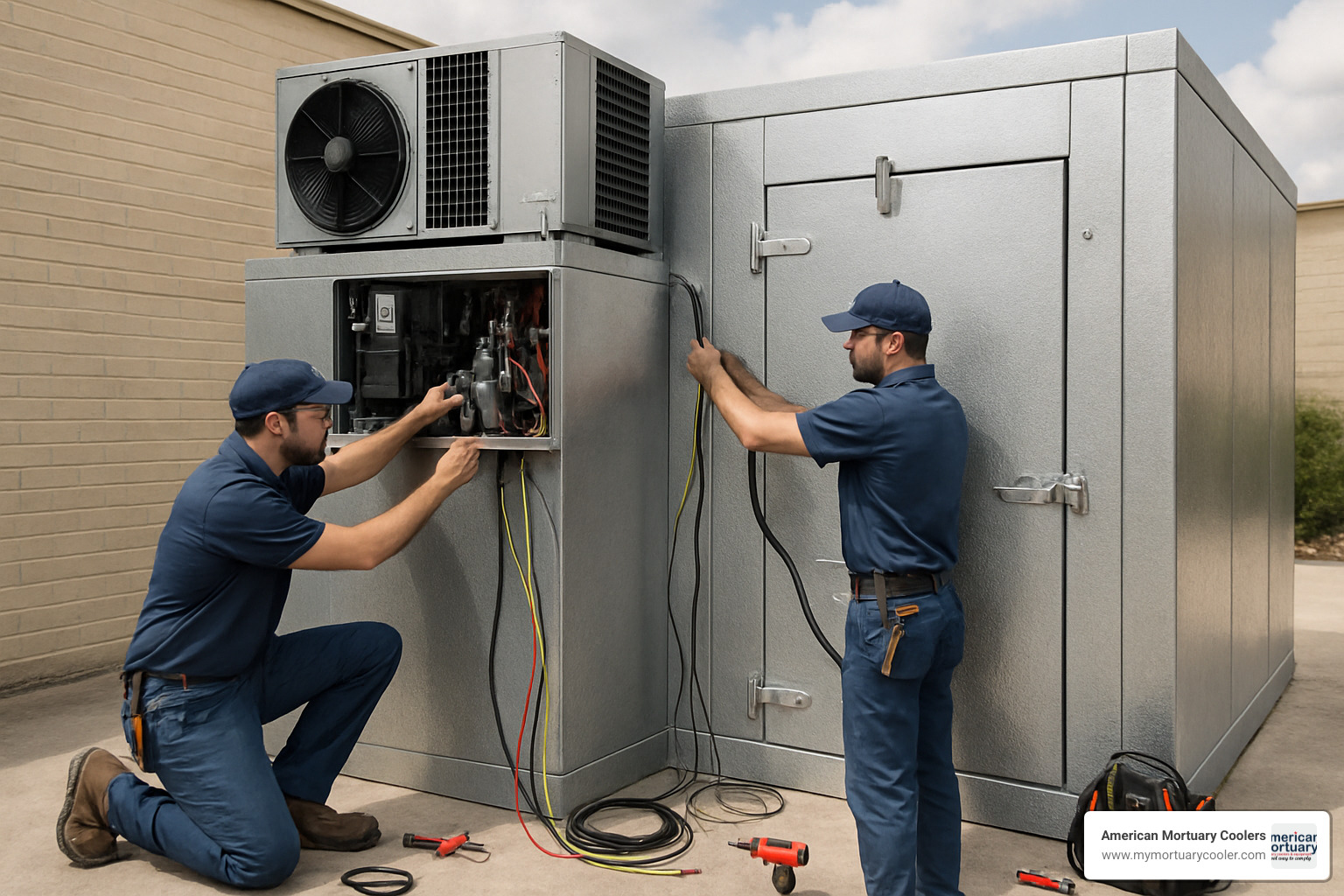 HVAC technicians installing and wiring walk-in refrigerator unit - walk in refrigerator price