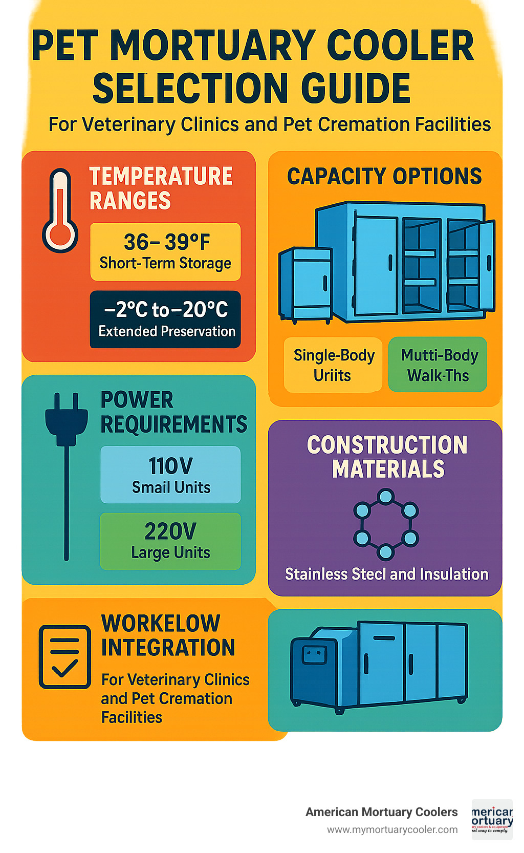 Comprehensive pet mortuary cooler selection guide showing temperature ranges, capacity options from single to multi-body units, power requirements, construction materials, and workflow integration for veterinary clinics and pet cremation facilities - pet mortuary coolers infographic 