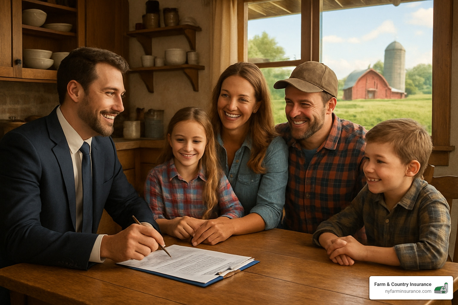 insurance agent consulting with farm family - house and farm insurance