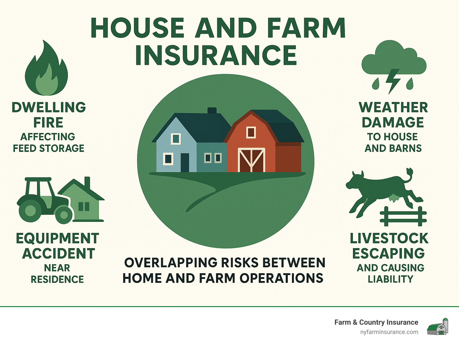 Infographic showing overlapping risks between home and farm operations including dwelling fire affecting feed storage, equipment accidents near residence, livestock escaping and causing liability, and weather damage to both house and barns - house and farm insurance infographic 