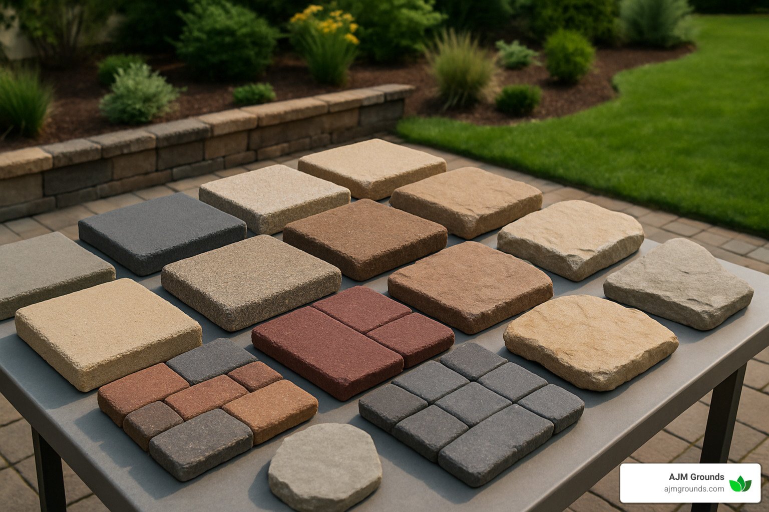 Paver and stone samples showing different textures, colors, and materials for custom patio installations - Custom patio installations