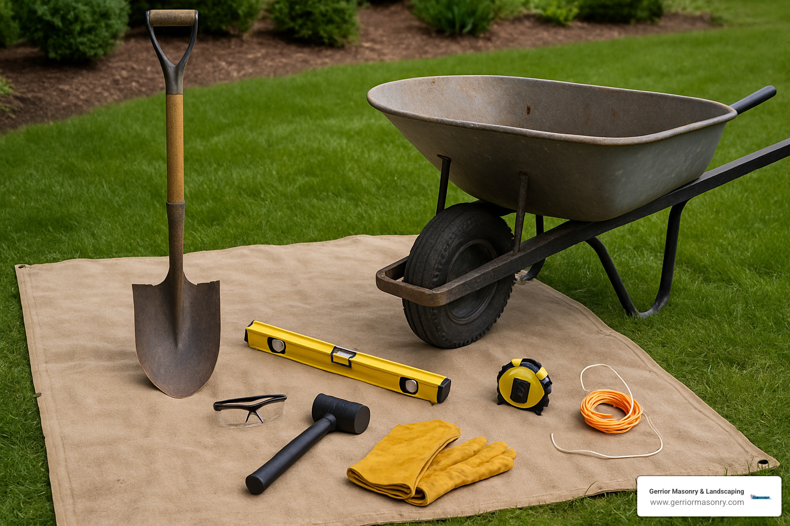Stone Walkway Edging Made Easy 3 essential tools for stone walkway edging installation laid out on protective tarp including spade shovel, rubber mallet, level, wheelbarrow, safety glasses, work gloves, measuring tape, and string line - stone walkway edging