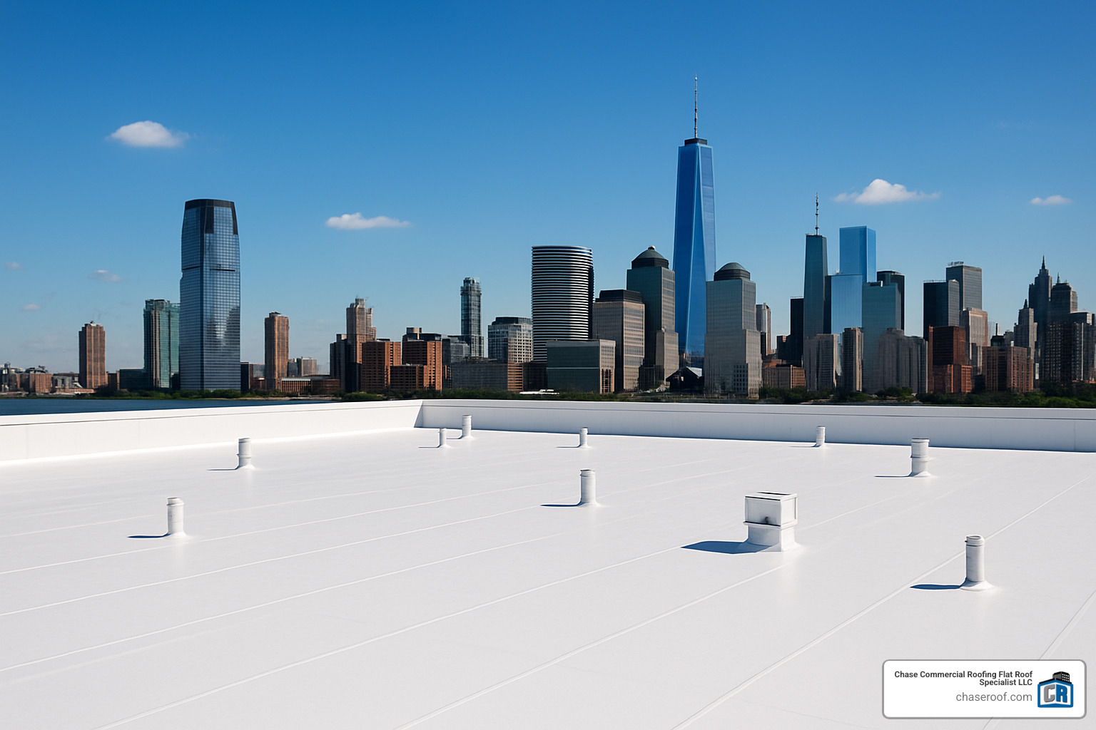 Newly completed white TPO commercial roof reflecting Jersey City skyline - Jersey City commercial roofing