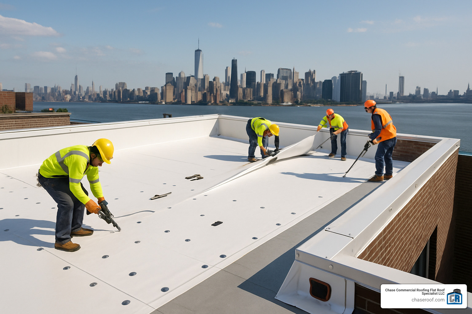 Jersey City commercial roof installation showing proper drainage and wind uplift protection - Jersey City commercial roofing