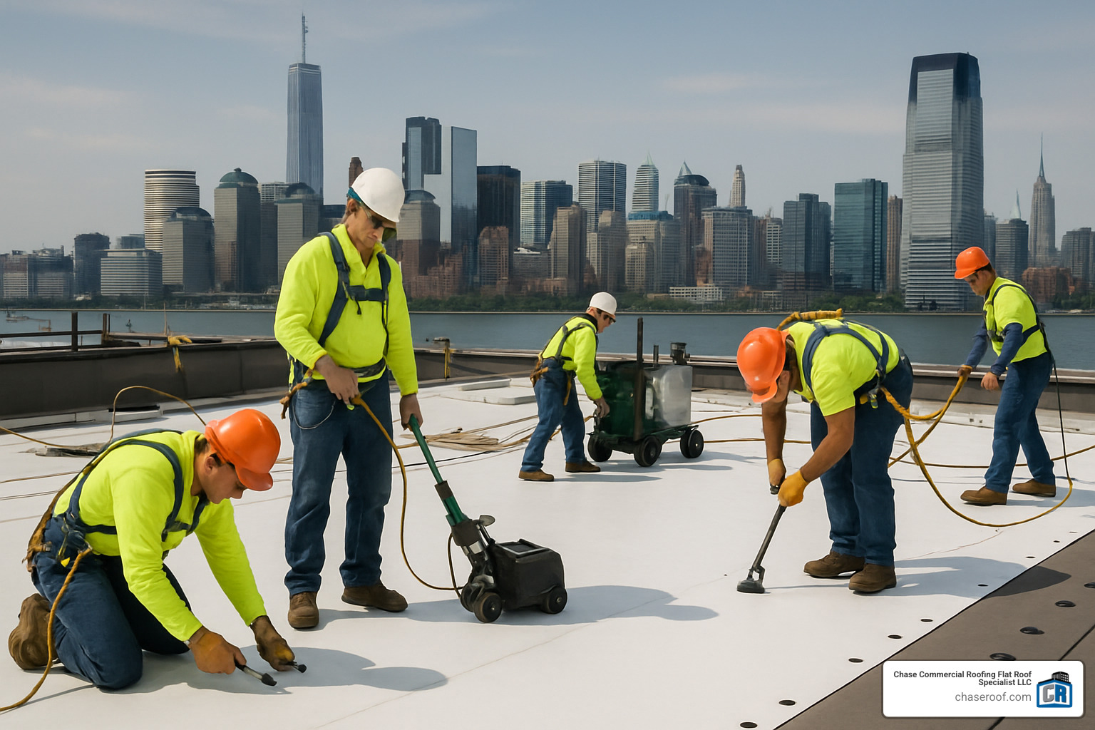 Professional commercial roofing crew installing TPO membrane with proper safety equipment and quality control measures - Jersey City commercial roofing
