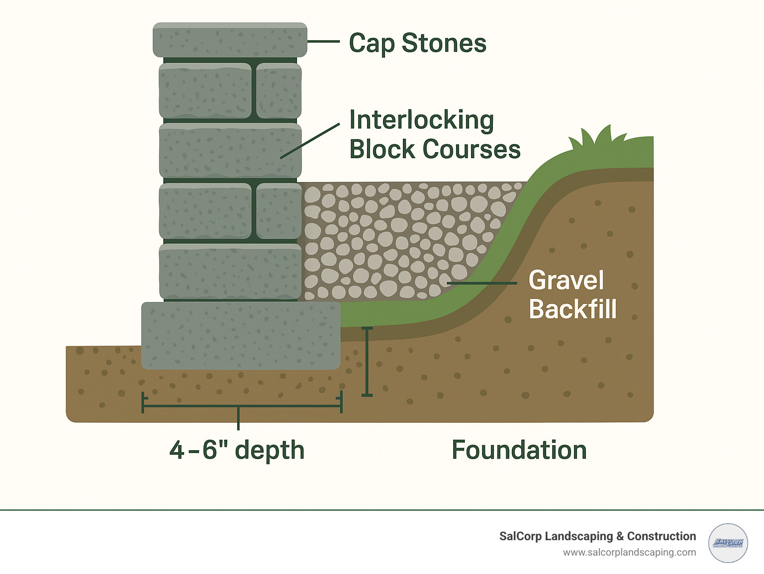 Comprehensive infographic showing block wall anatomy including foundation depth of 4-6 inches, base width of 12 inches, proper drainage with gravel backfill, interlocking block courses, and finishing cap stones - block wall builder infographic 