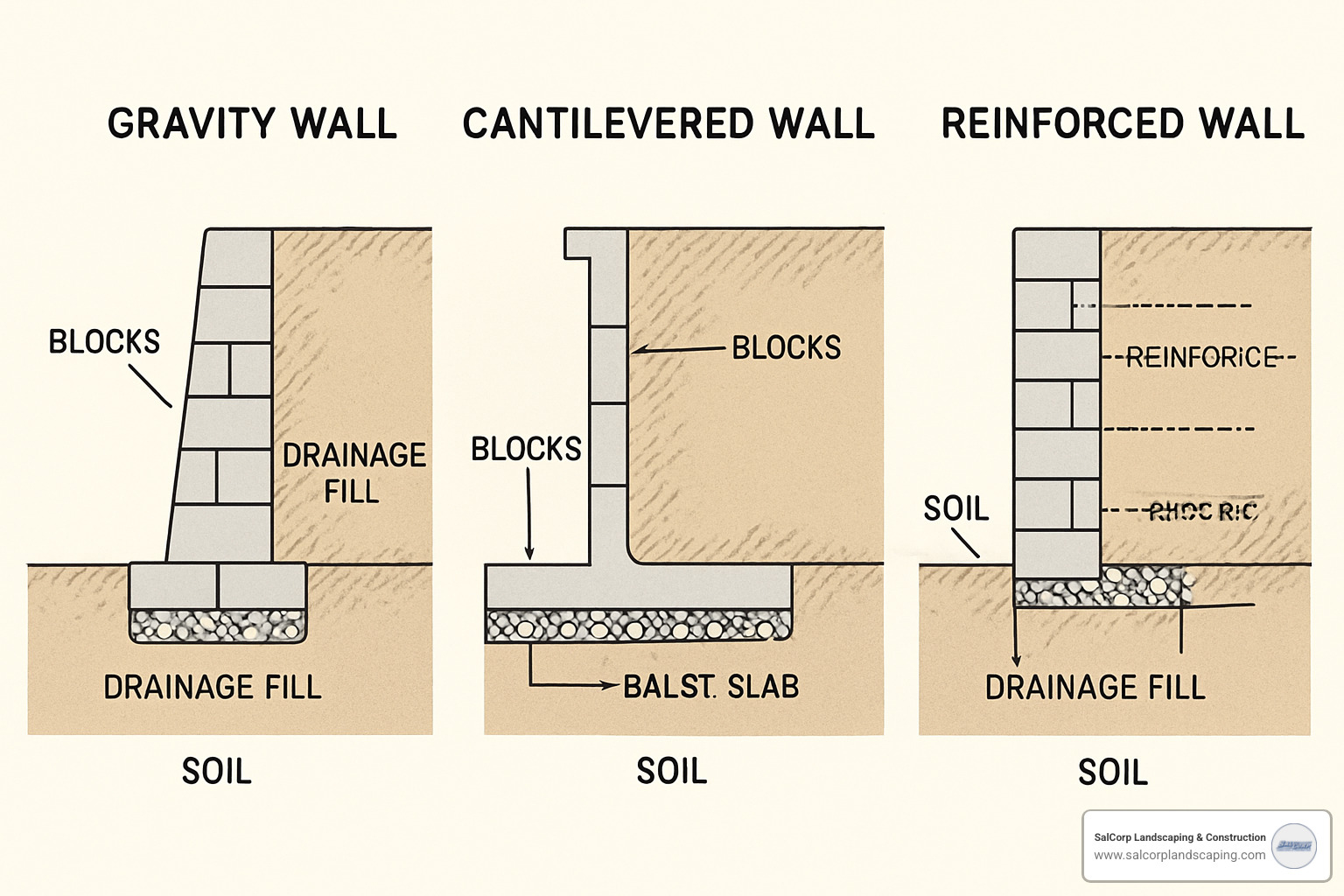 Cross-section diagram showing different wall system types including gravity, cantilevered, and reinforced walls - block wall builder