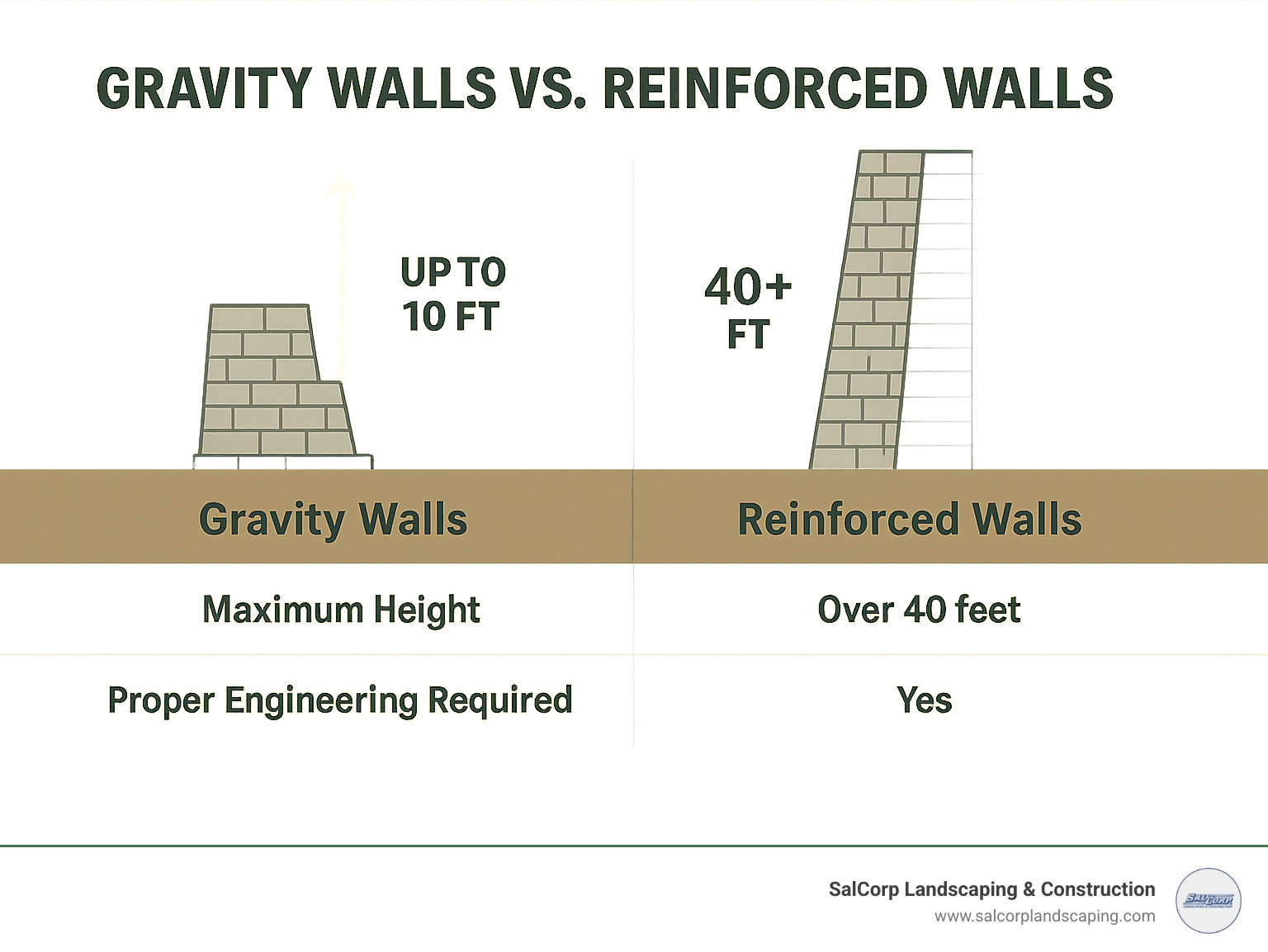 Comparison table showing gravity walls suitable for heights up to 10 feet versus reinforced walls capable of 40+ feet with proper engineering - block wall builder infographic 