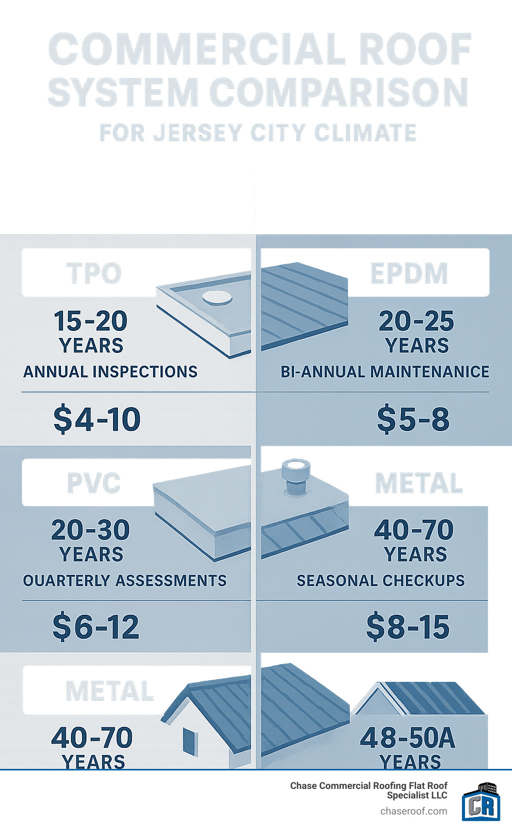 Infographic showing commercial roof system comparison for Jersey City climate - TPO lifespan 15-20 years with annual inspections, EPDM 20-25 years with bi-annual maintenance, PVC 20-30 years with quarterly assessments, and metal roofing 40-70 years with seasonal checkups, including average costs per square foot and weather resistance ratings - Jersey City commercial roofing infographic 