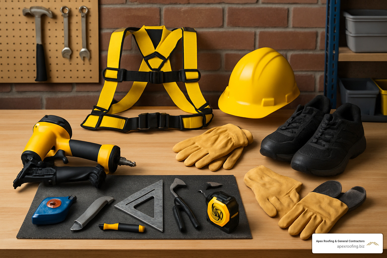 Layout of essential roofing tools and safety equipment arranged on a workbench - installing 3 tab asphalt shingles