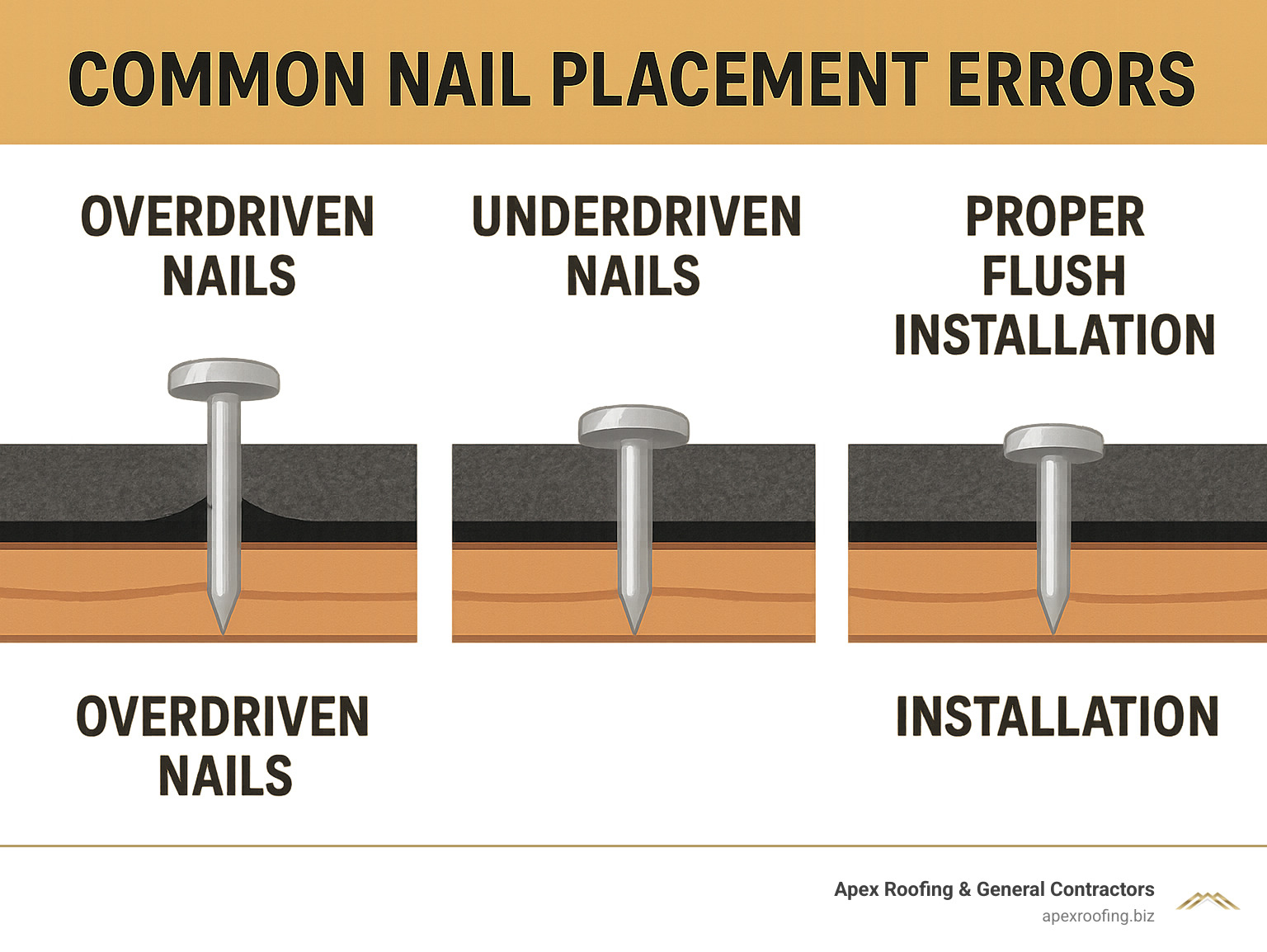 Common nail placement errors showing overdriven nails, underdriven nails, and proper flush installation - installing 3 tab asphalt shingles infographic 