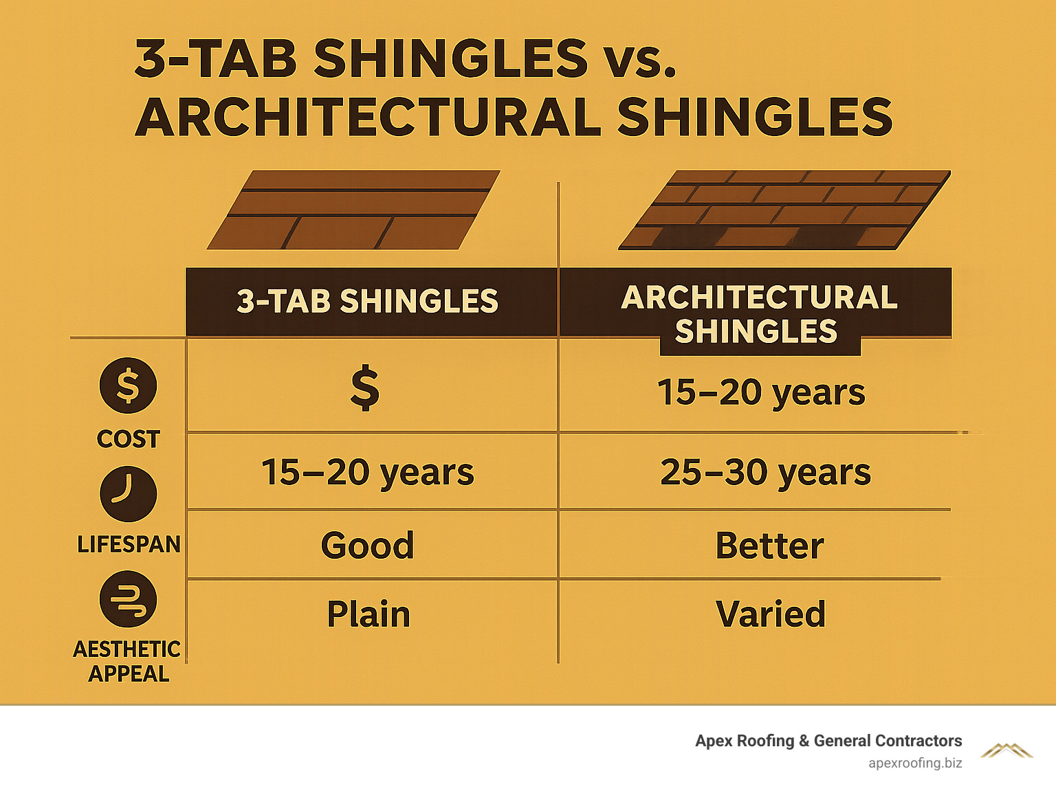 Comparison chart showing 3-tab shingles vs architectural shingles in terms of cost, lifespan, wind resistance, and aesthetic appeal - installing 3 tab asphalt shingles infographic 