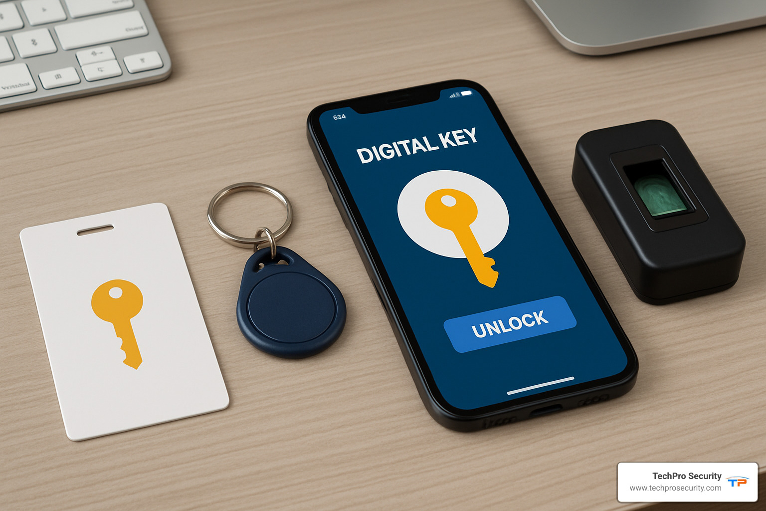 Key card, fob, mobile phone, and biometric readers displayed on a modern office desk - access control miami fl