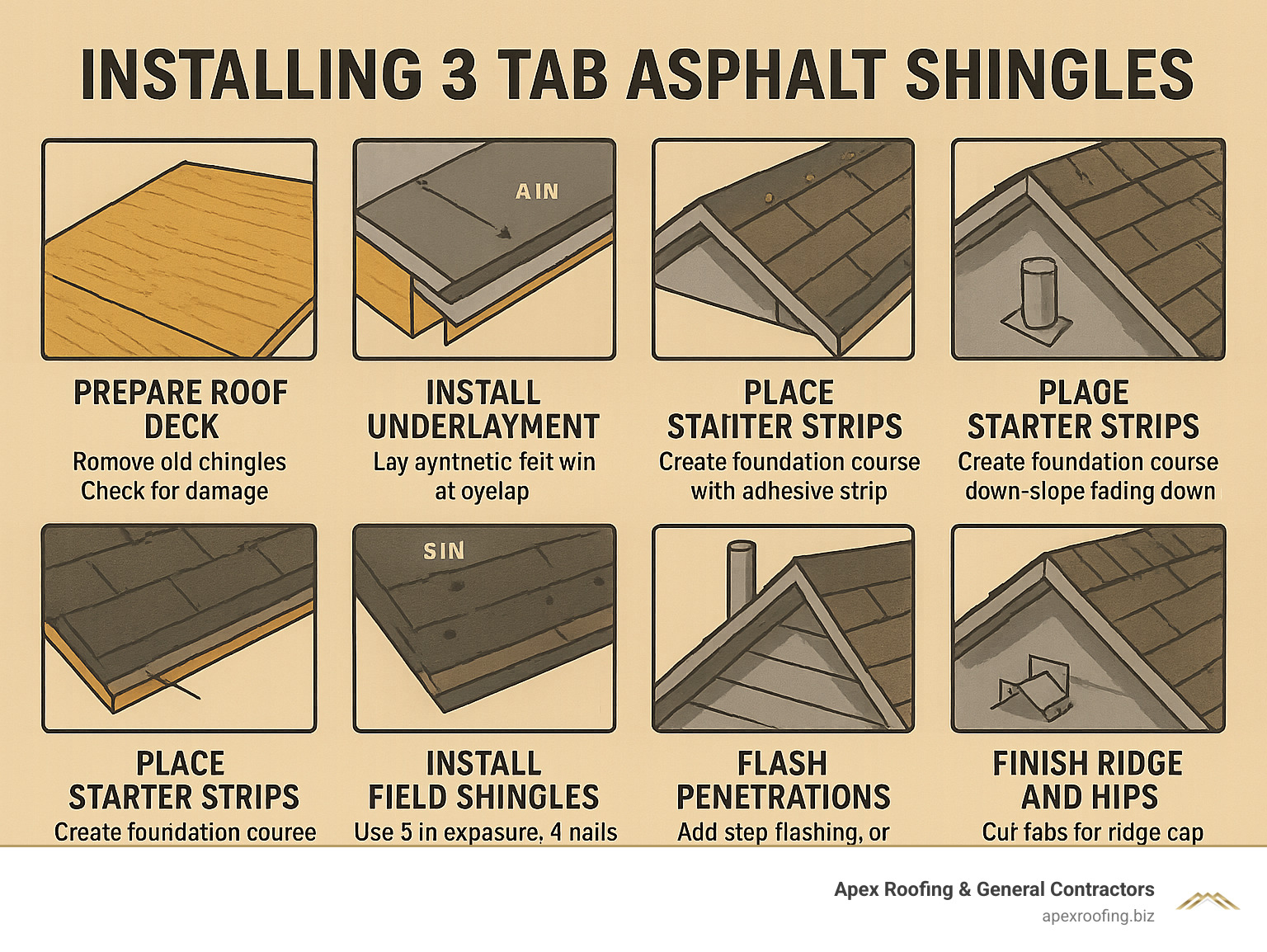 Step-by-step infographic showing the complete process of installing 3 tab asphalt shingles from deck preparation through ridge cap installation, with detailed nail placement patterns and proper exposure measurements - installing 3 tab asphalt shingles infographic 