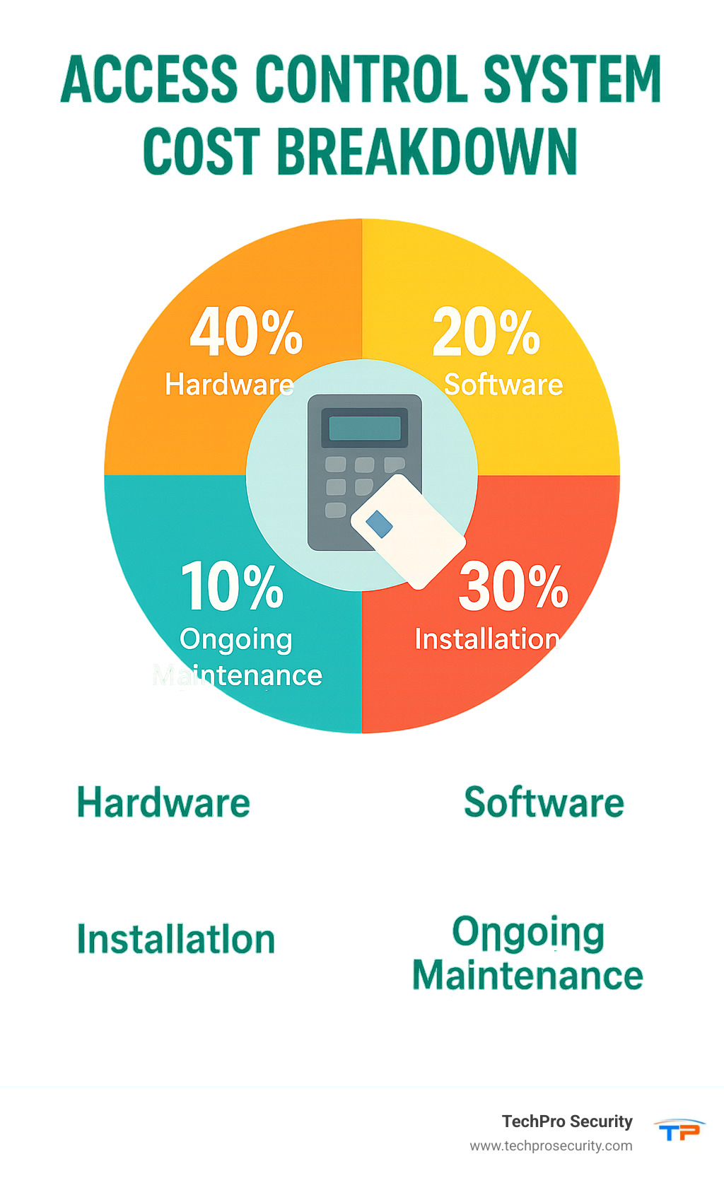 Infographic showing access control system cost breakdown with hardware, software, installation, and ongoing maintenance percentages - access control miami fl infographic 