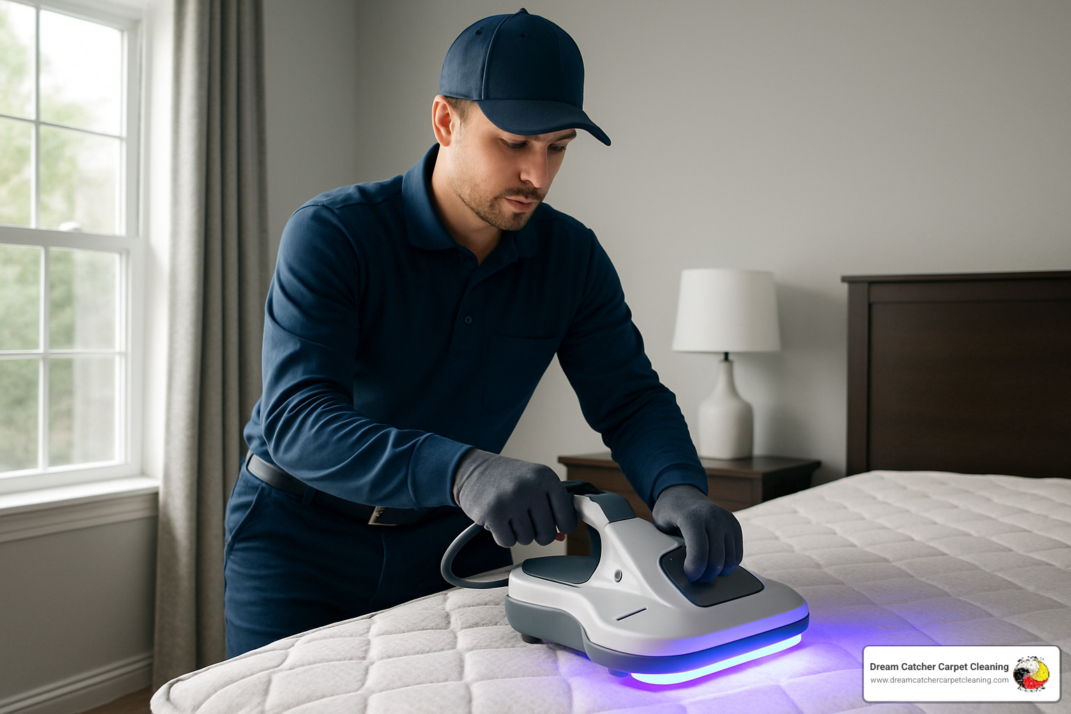 Professional technician performing mattress sanitization with UV equipment in bedroom setting - mattress sanitizing service
