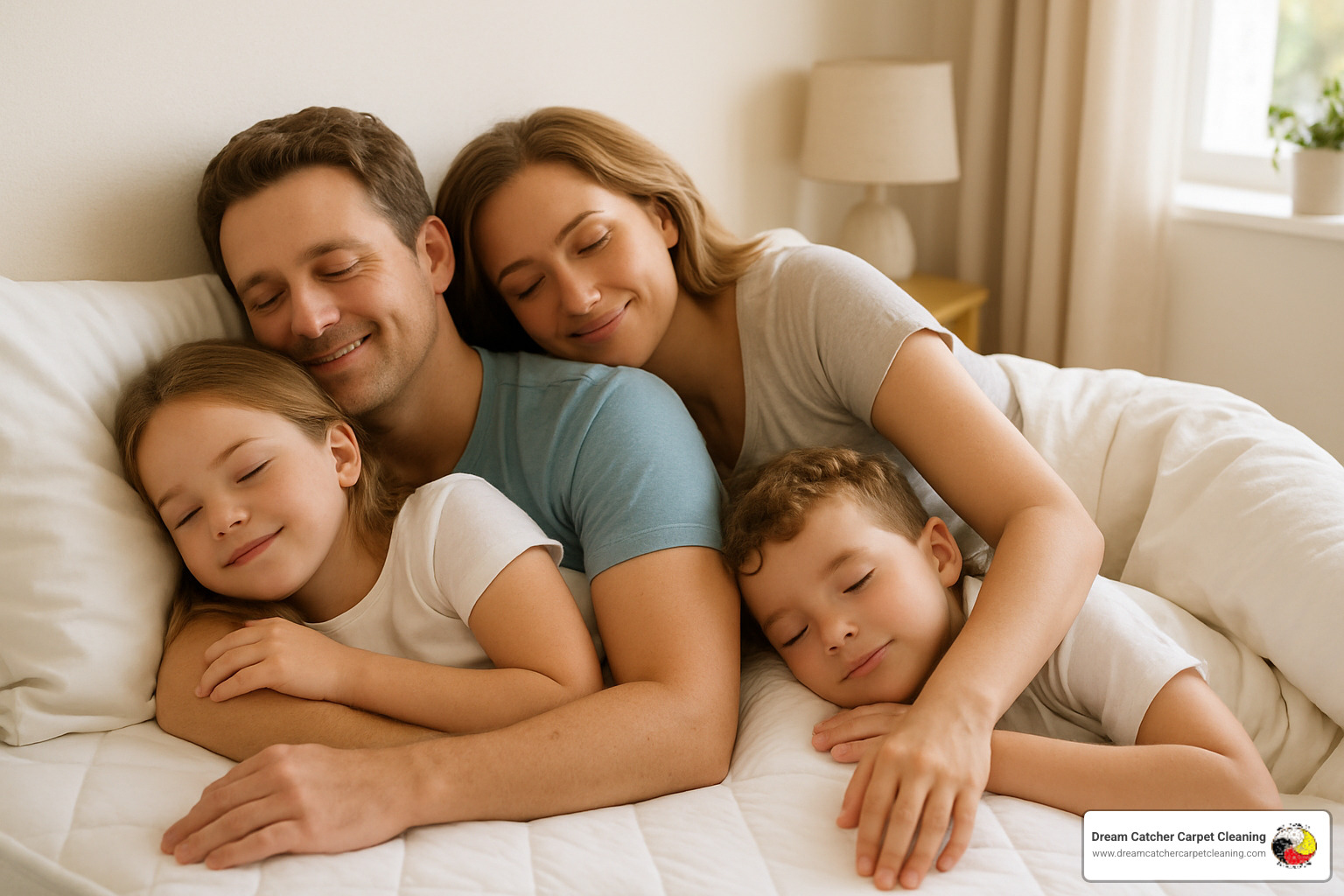 Happy family sleeping peacefully on professionally sanitized mattress - mattress sanitizing service