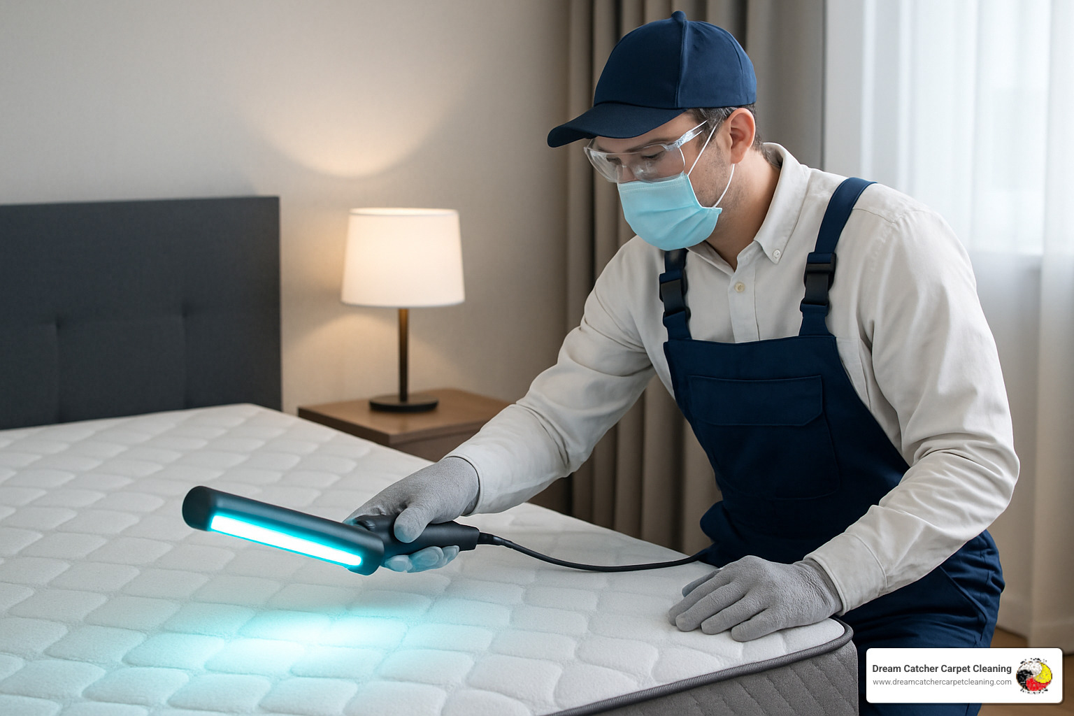 Professional technician using UV-C sanitizing equipment on mattress - mattress sanitizing service