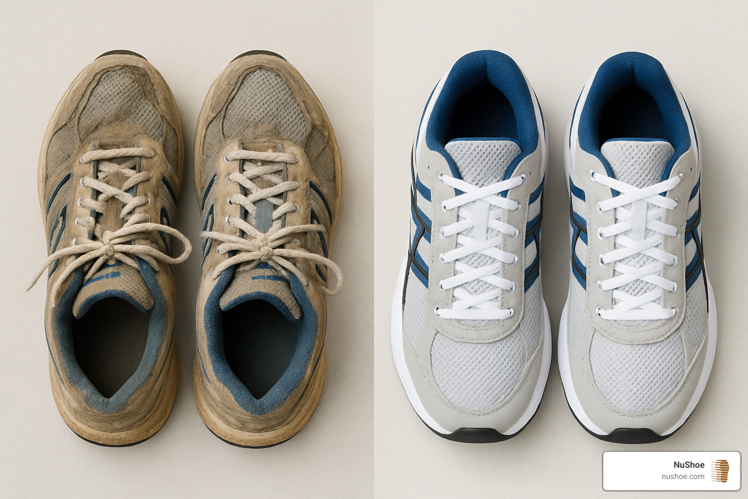 fully refurbished running shoes showing before and after restoration - running shoe recycling program*
