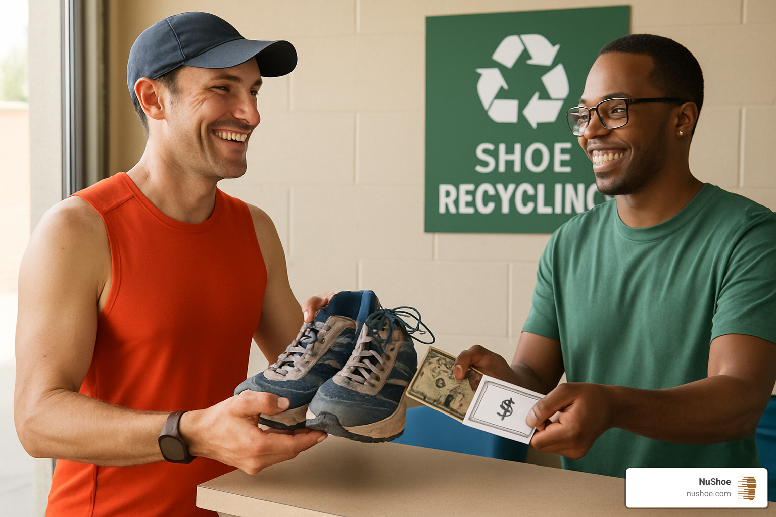 runner receiving cash or credit for recycled shoes - running shoe recycling program*