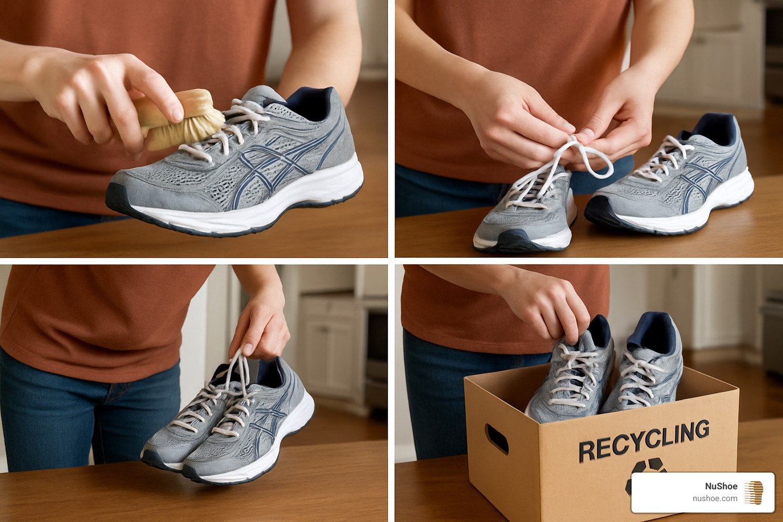 step-by-step process of cleaning and boxing running shoes for recycling - running shoe recycling program*