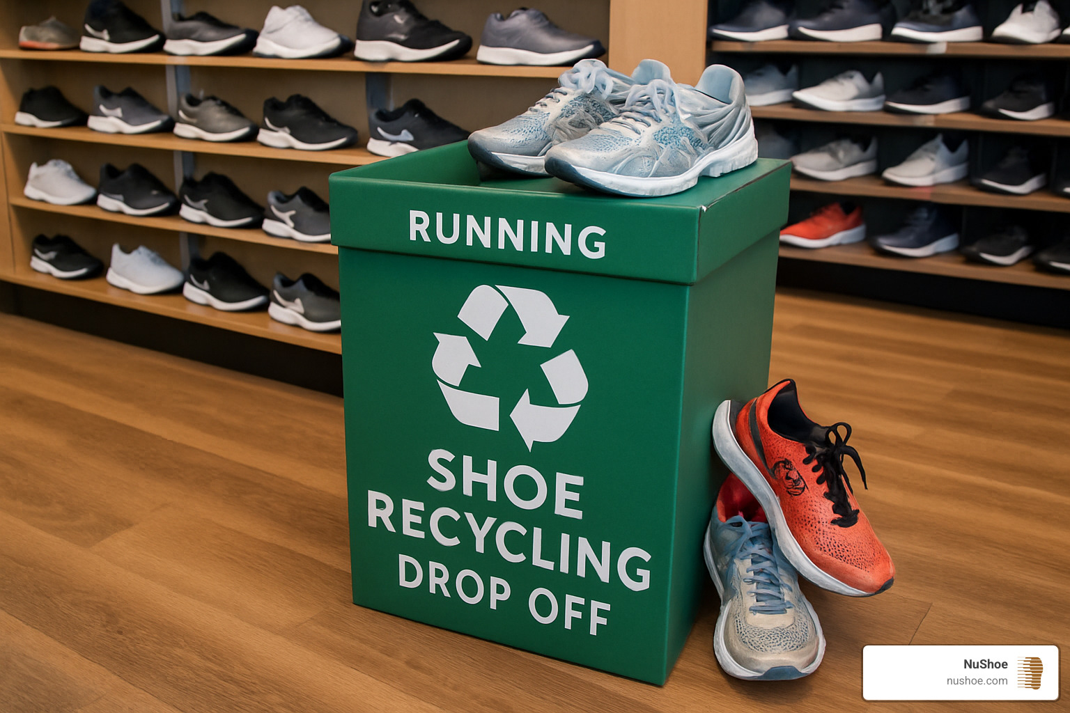 in-store shoe recycling drop-off bin - running shoe recycling program*