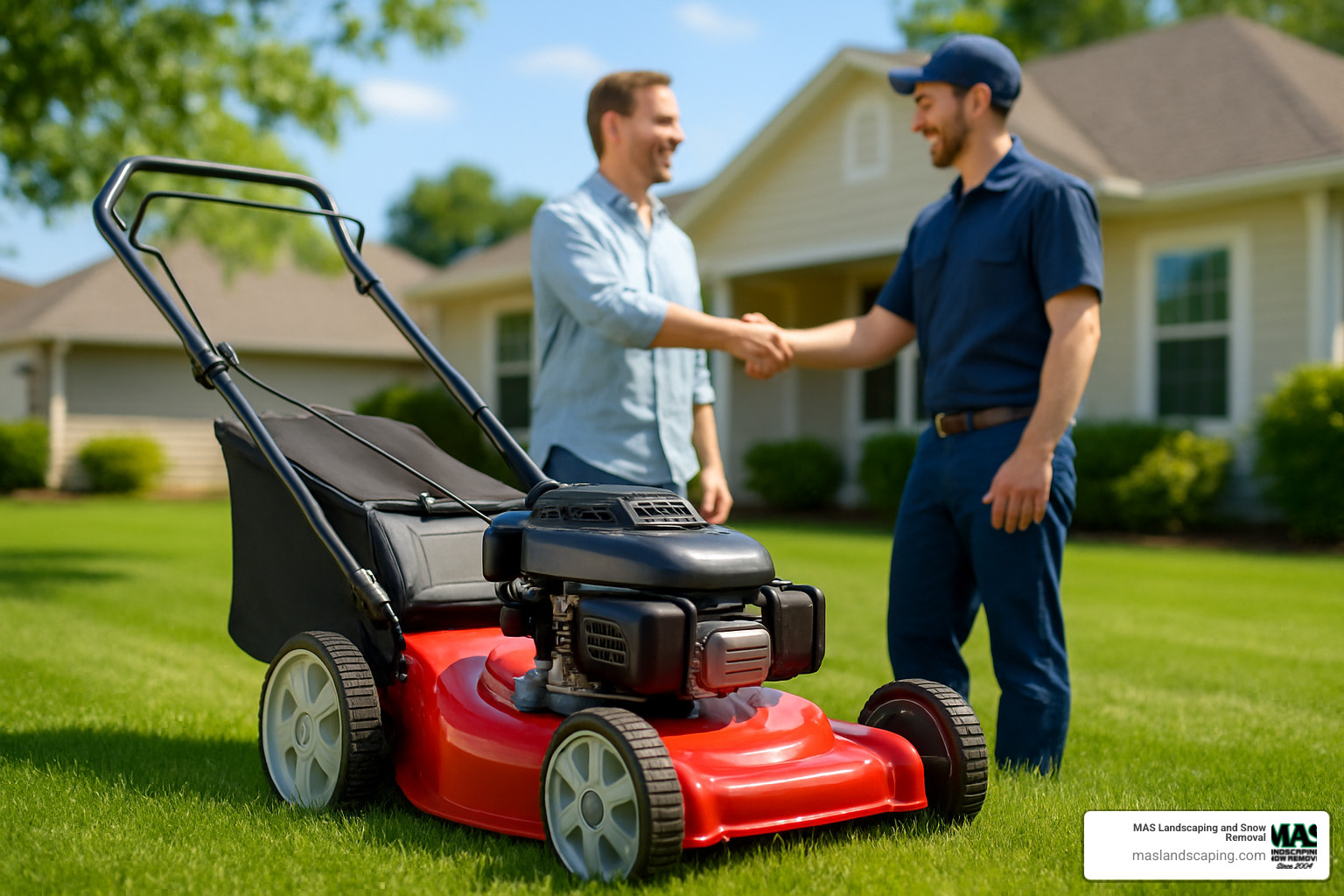 Freshly serviced lawn mower with a satisfied customer and technician in the background - lawn mower services near me