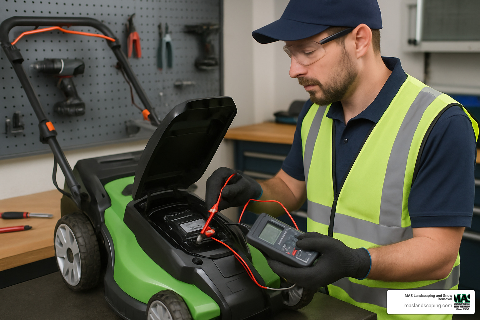 Battery-powered electric mower being serviced by a technician with specialized diagnostic equipment - lawn mower services near me