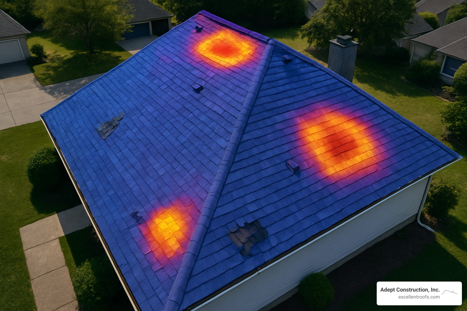 Drone inspection capturing detailed roof condition with thermal imaging overlay showing potential problem areas and maintenance needs - roofing services