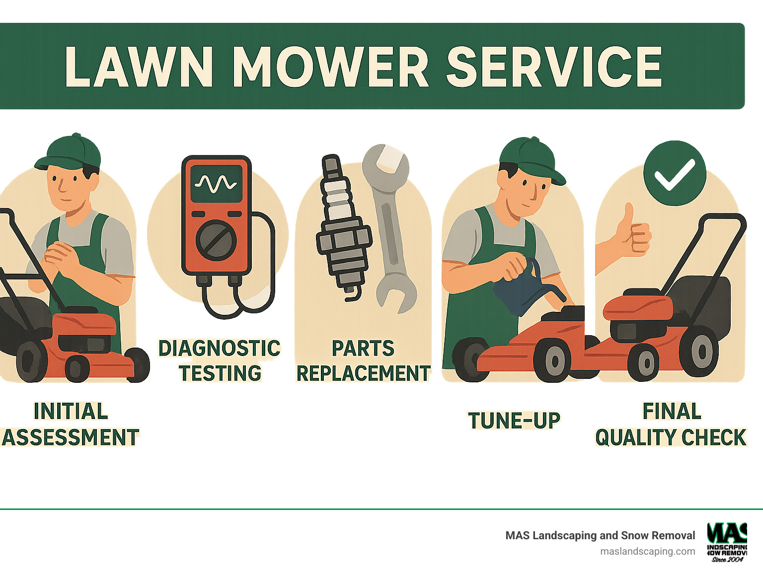 Comprehensive infographic showing the step-by-step process of a typical lawn mower service visit, including initial assessment, diagnostic testing, parts replacement, tune-up procedures, and final quality check - lawn mower services near me infographic 