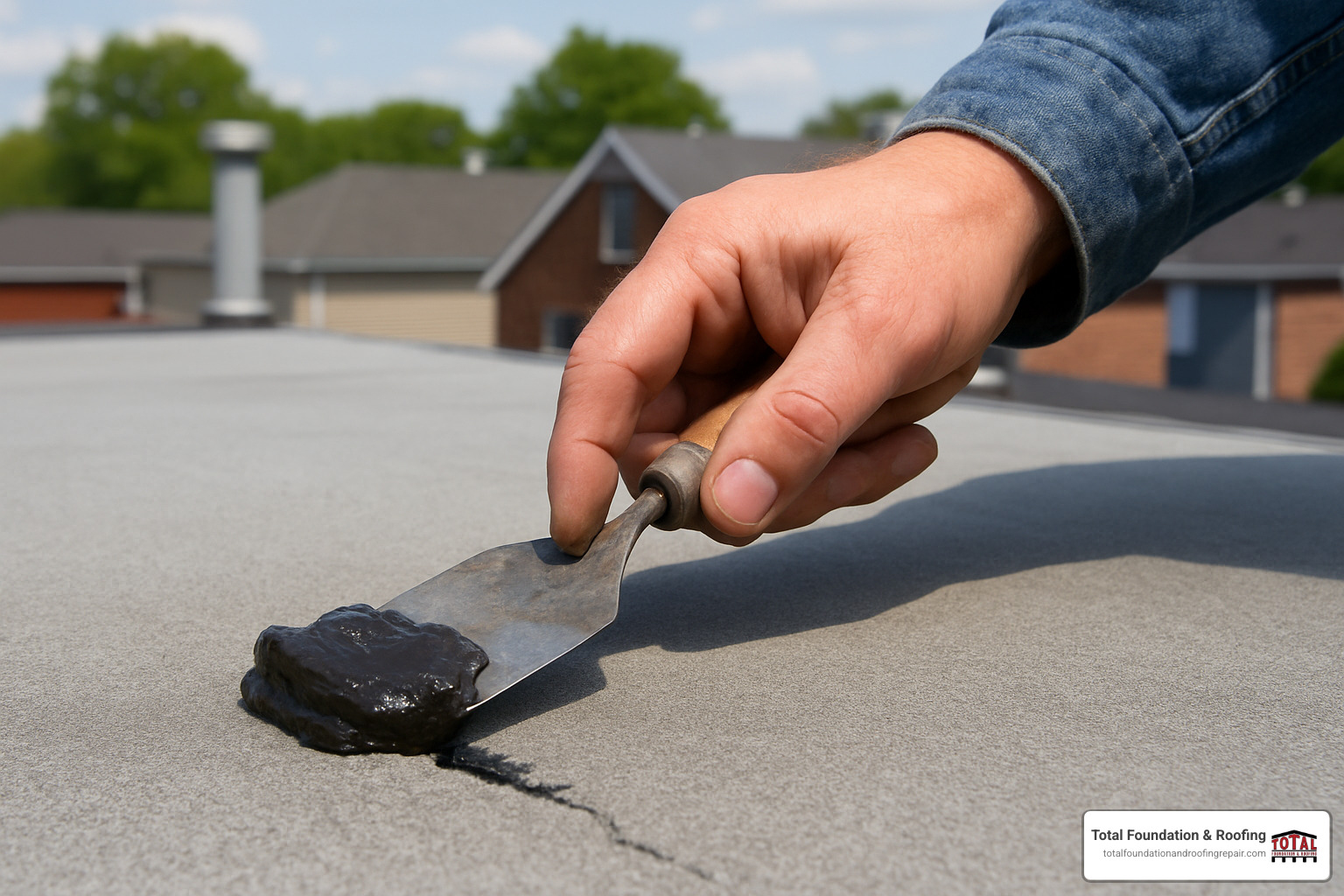 Applying roofing cement to repair small flat roof crack - flat roof leak repair