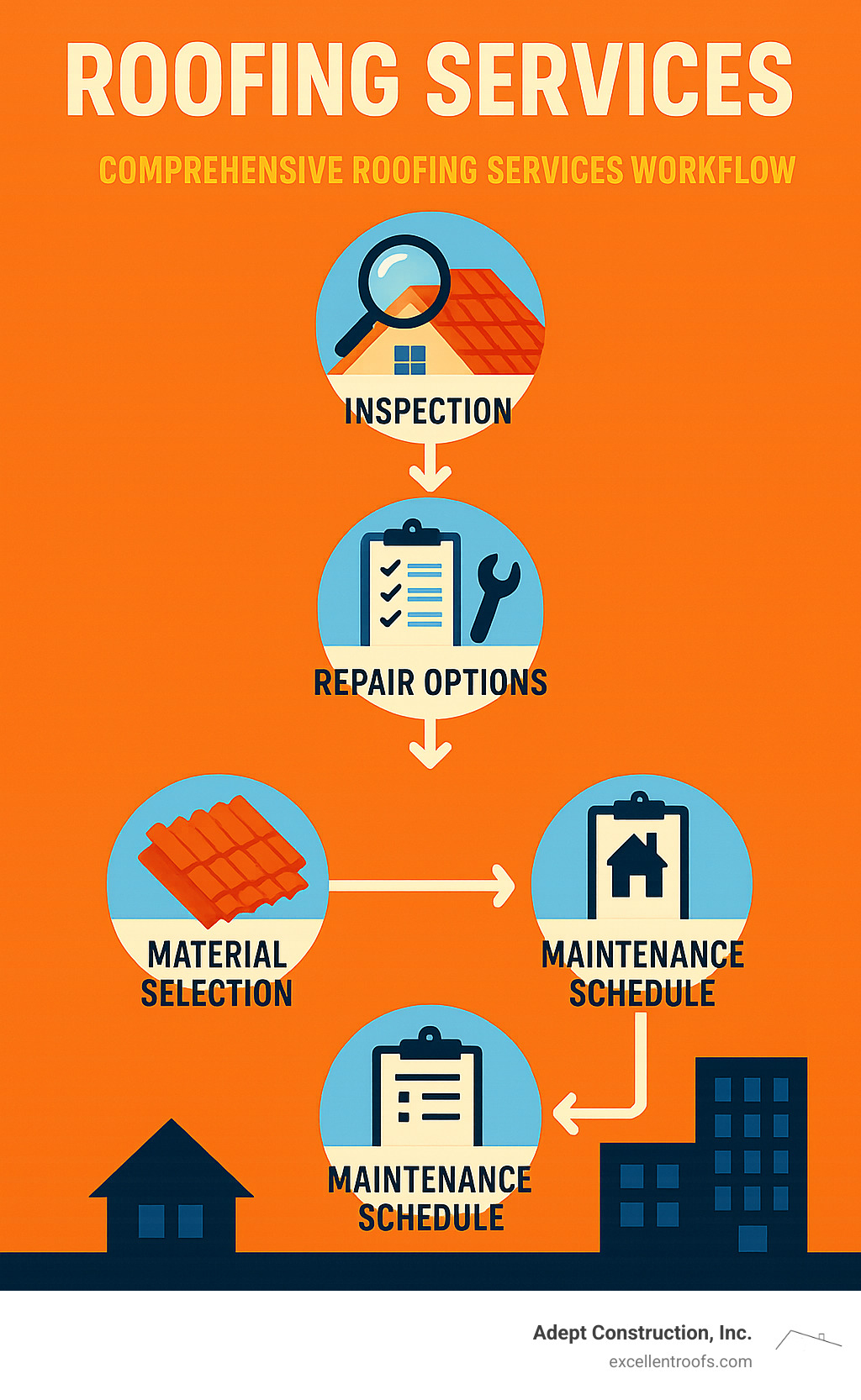 Comprehensive roofing services workflow showing inspection, repair options, material selection, installation timeline, and maintenance schedule for residential and commercial properties - roofing services infographic 