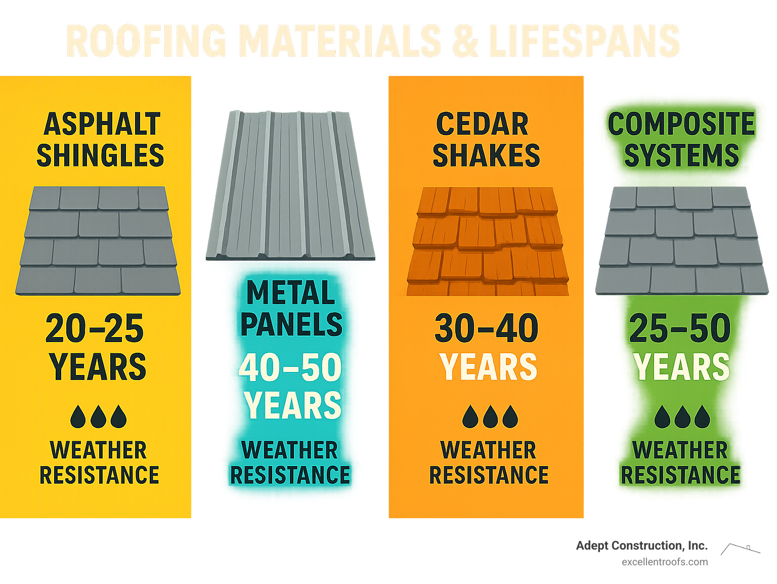 Comparison of different roofing materials showing asphalt shingles, metal panels, cedar shakes, and composite systems with their respective lifespans and weather resistance ratings - roofing services infographic 