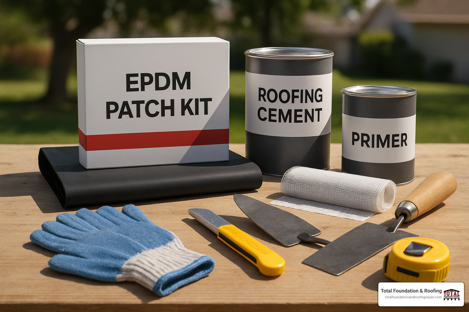 Essential flat roof repair tools and materials laid out - flat roof leak repair