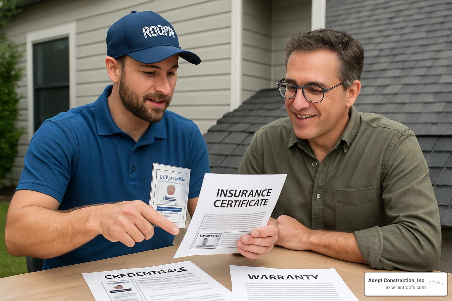 Professional roofer reviewing project plans with homeowner, showing credentials, insurance certificates, and warranty documentation - roofing services
