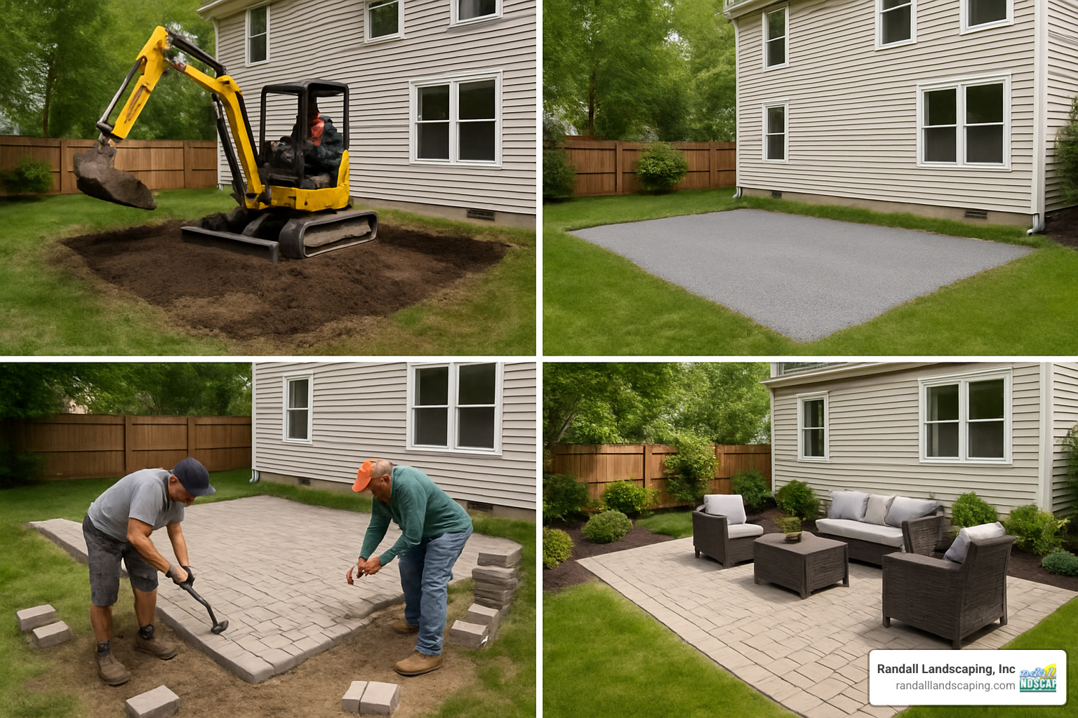Step-by-step patio construction phases showing excavation, base preparation, material installation, and finished patio with outdoor furniture - Patio design Pelham NH