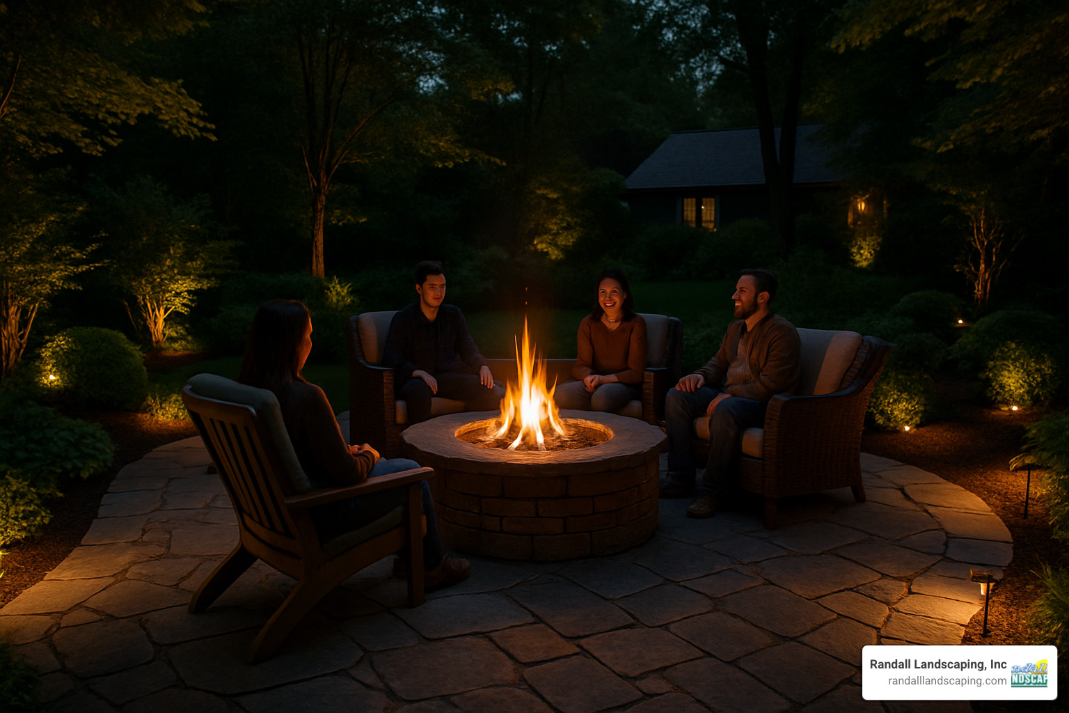Custom patio with built-in fire pit, outdoor seating area, and landscape lighting in evening setting - Patio design Pelham NH
