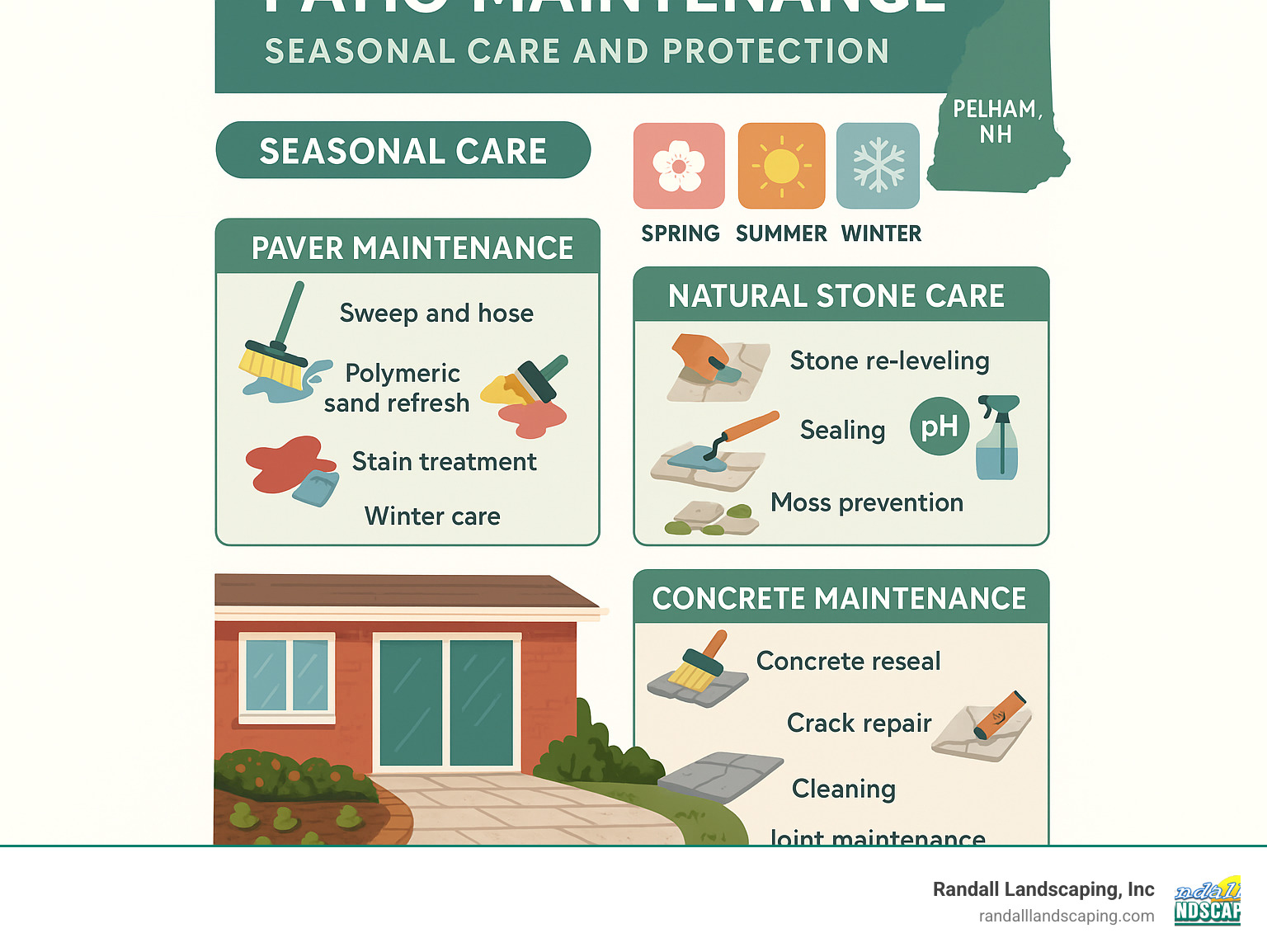 Patio maintenance infographic showing seasonal care schedules, cleaning techniques, sealing requirements, and winter protection methods for different patio materials including pavers, stone, and concrete in New Hampshire climate - Patio design Pelham NH infographic 