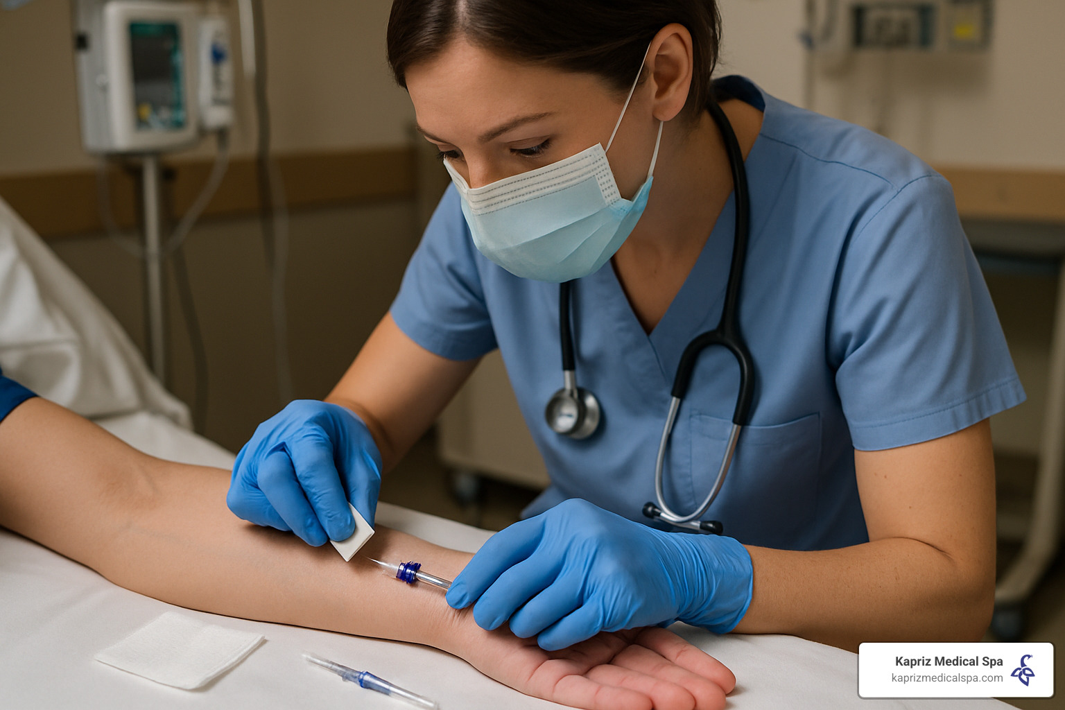 Professional nurse inserting IV catheter with sterile technique - IV drip for health