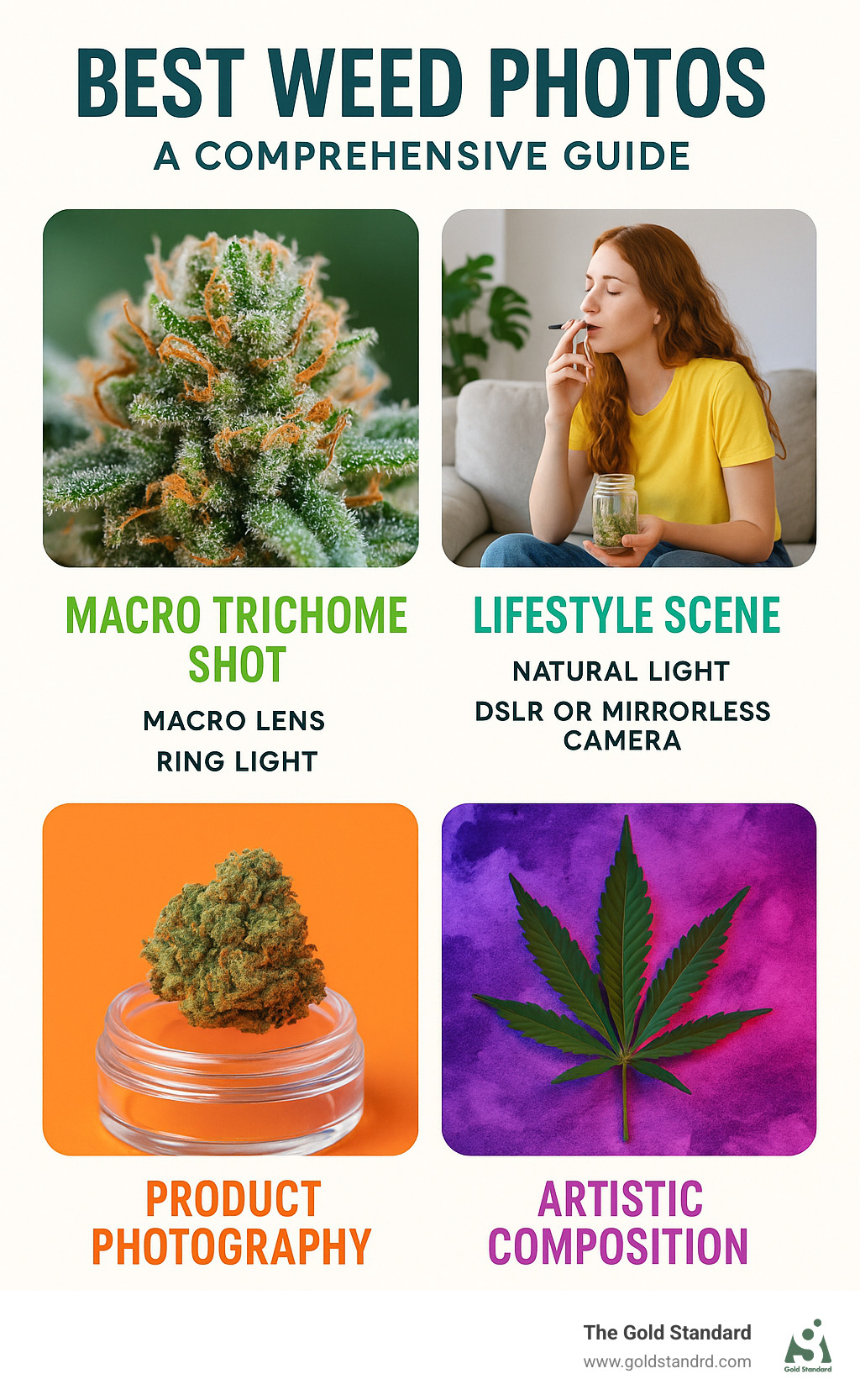 Comprehensive guide showing different types of cannabis photography including macro trichome shots, lifestyle scenes, product photography, and artistic compositions with technical specifications for lighting and equipment - best weed photos infographic 