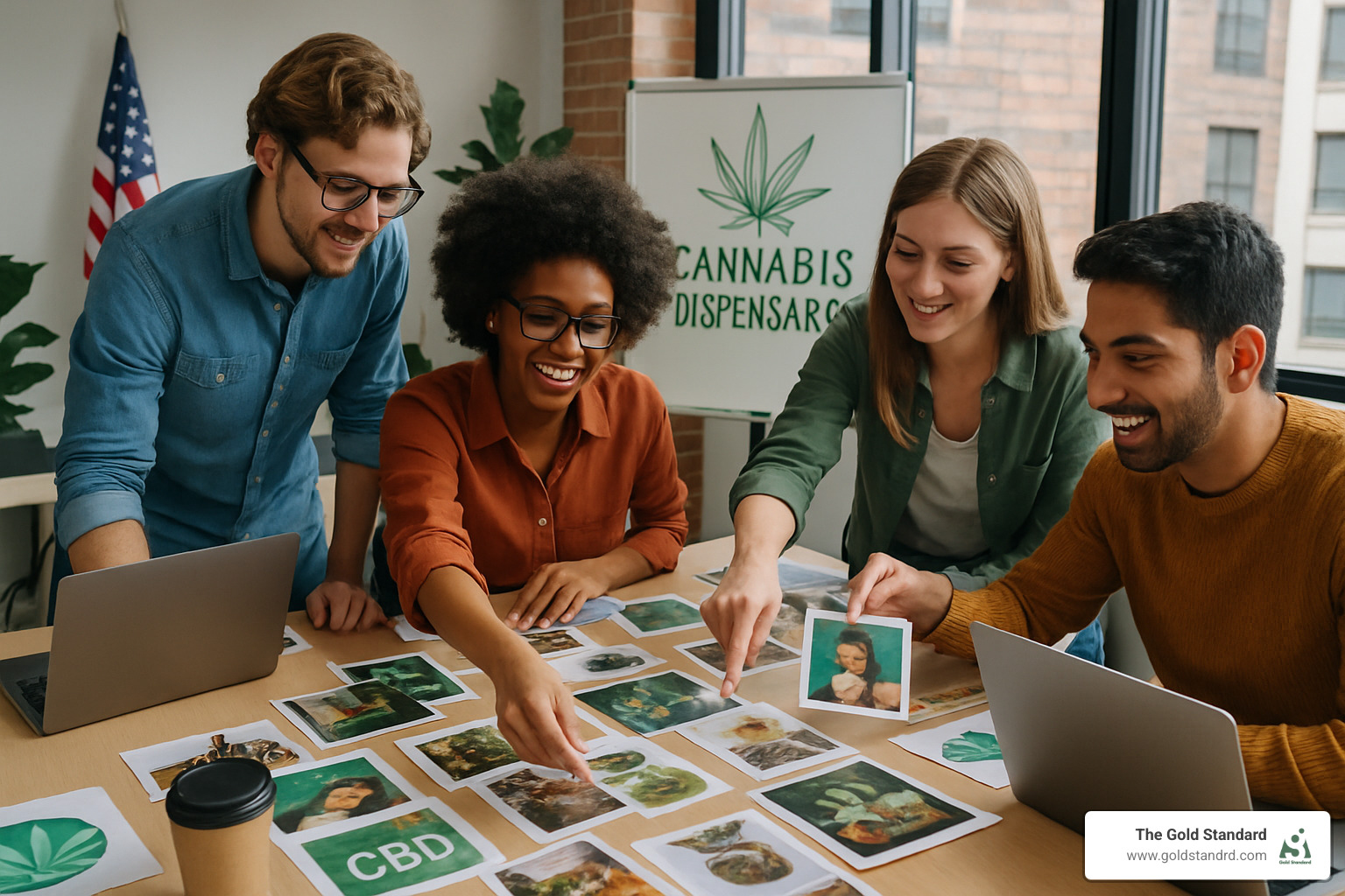 creative team brainstorming cannabis marketing campaign with mood boards and photo selections - best weed photos
