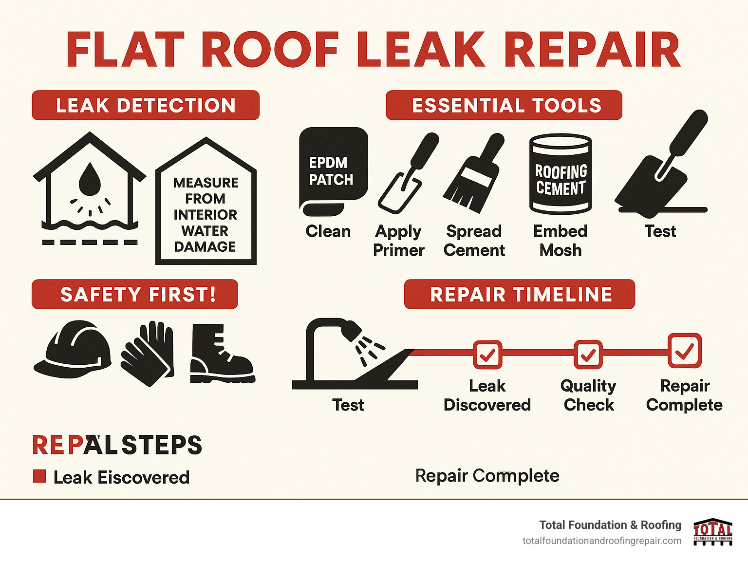 Comprehensive flat roof leak repair process showing leak detection methods, essential tools including EPDM patches and roofing cement, step-by-step repair sequence from cleaning to final testing, safety equipment requirements, and timeline from initial leak findy through completed repair with quality checkpoints - flat roof leak repair infographic 