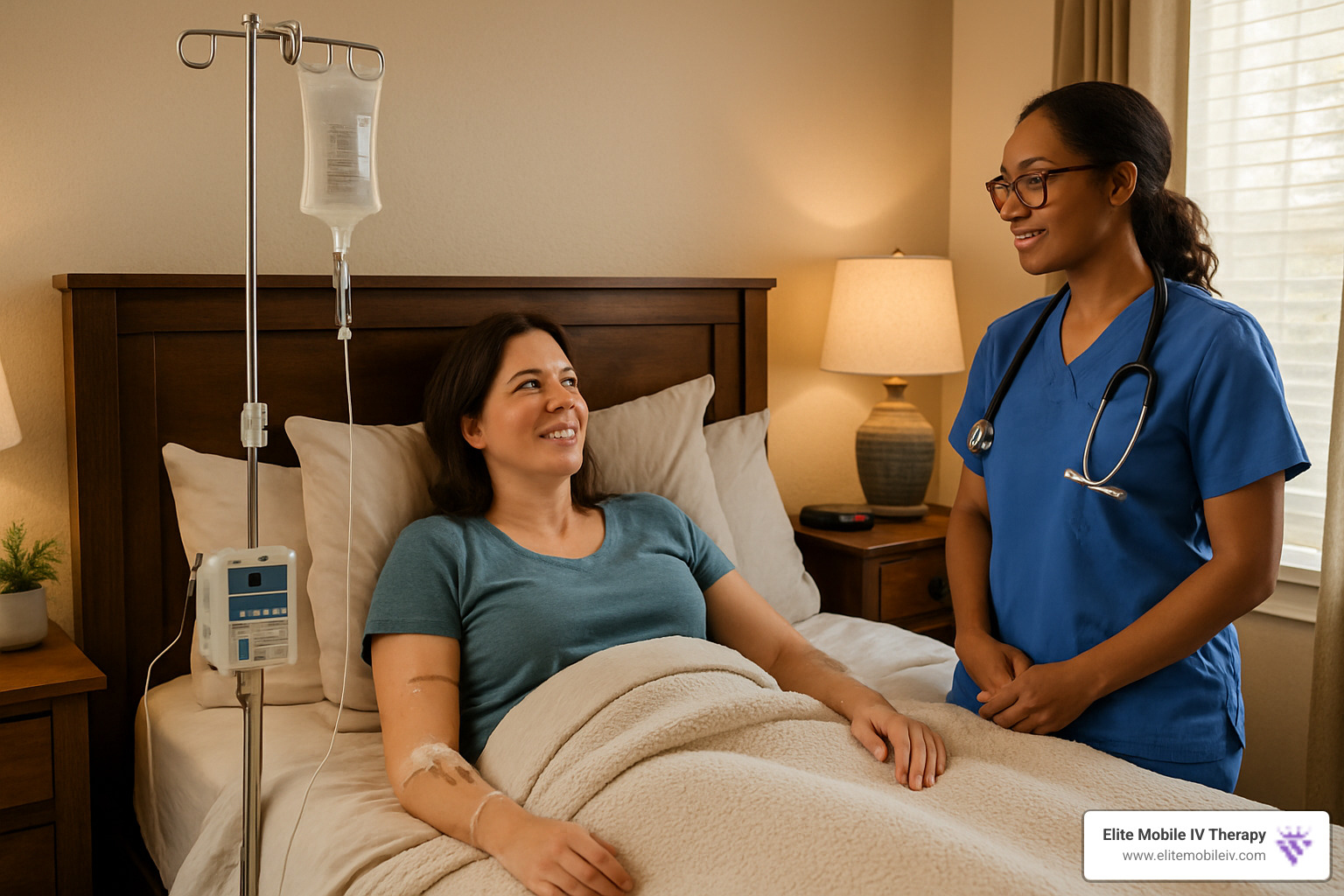 Comfortable home setting showing patient receiving IV therapy while relaxing in their own bed, with medical professional monitoring nearby - IV fluids for flu